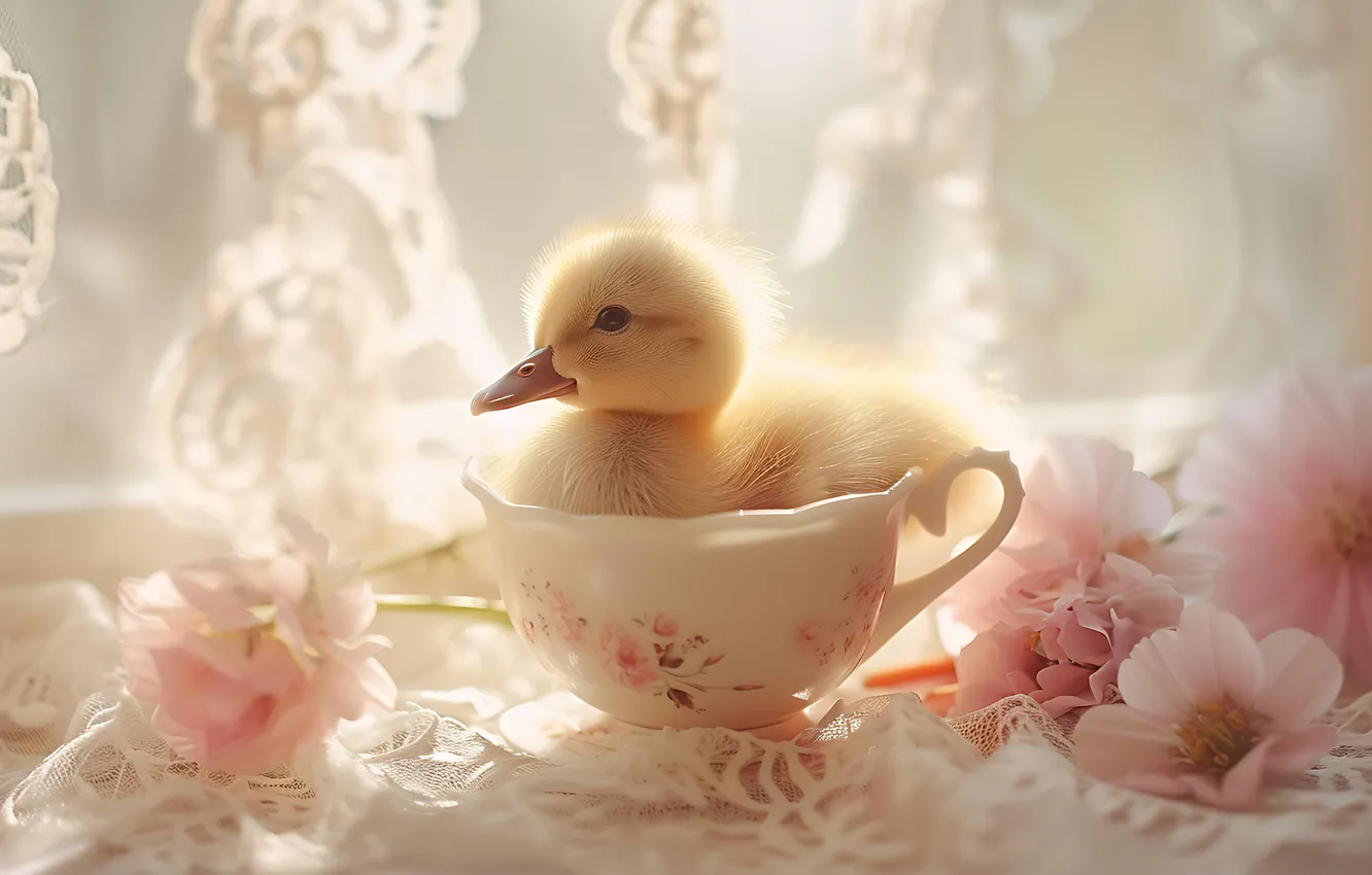 Photo wallpaper flowers, table, holiday, bird, Easter, Cup, duck, lace