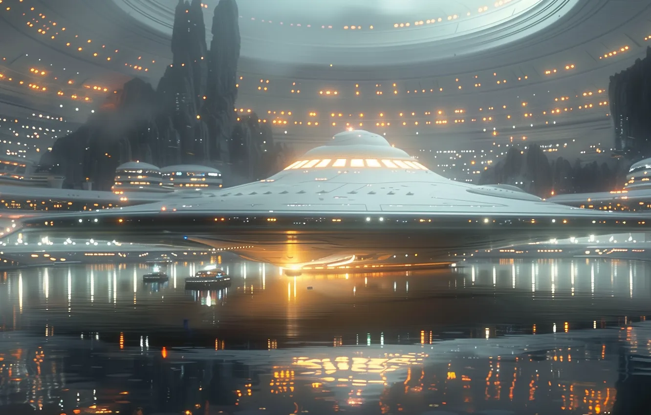 Photo wallpaper nature, fog, future, fiction, UFO, haze, spaceship, the futuristic