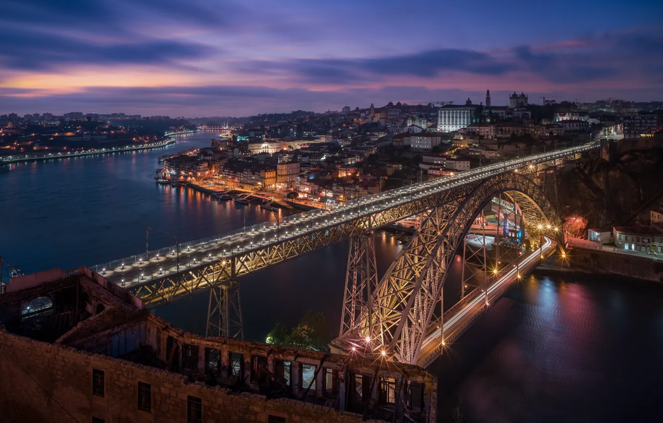 Photo wallpaper bridge, lights, the evening, Portugal, Port, Douro river, Dom Luis Bridge
