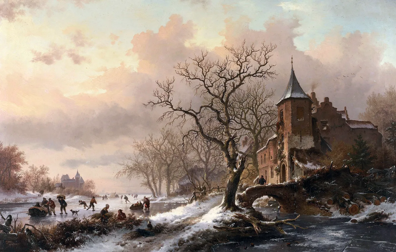 Photo wallpaper picture, painting, painting, Castle in a Winter Landscape and Skaters on a Fozen River, 1855, …