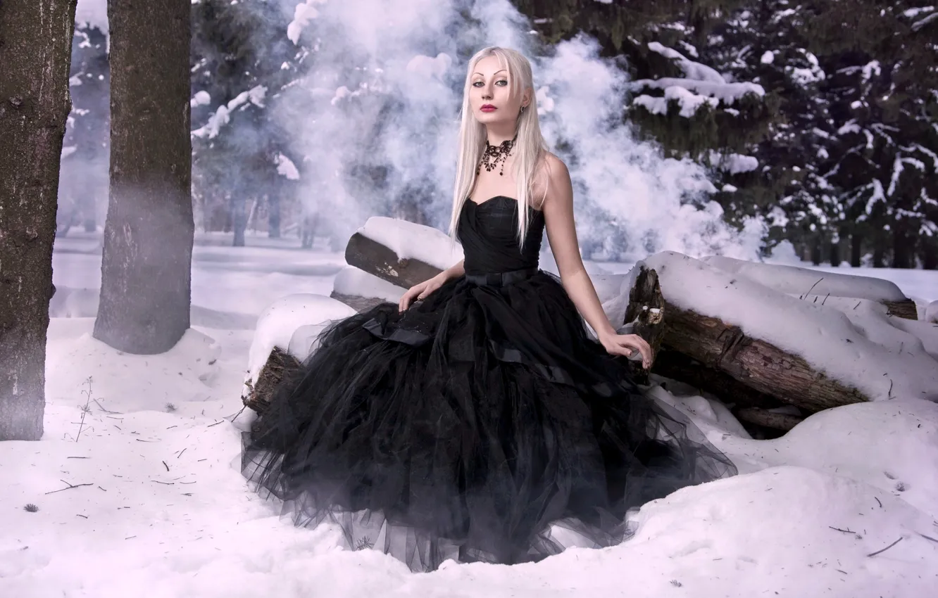 Photo wallpaper winter, forest, snow, red, romance, black, model, hair