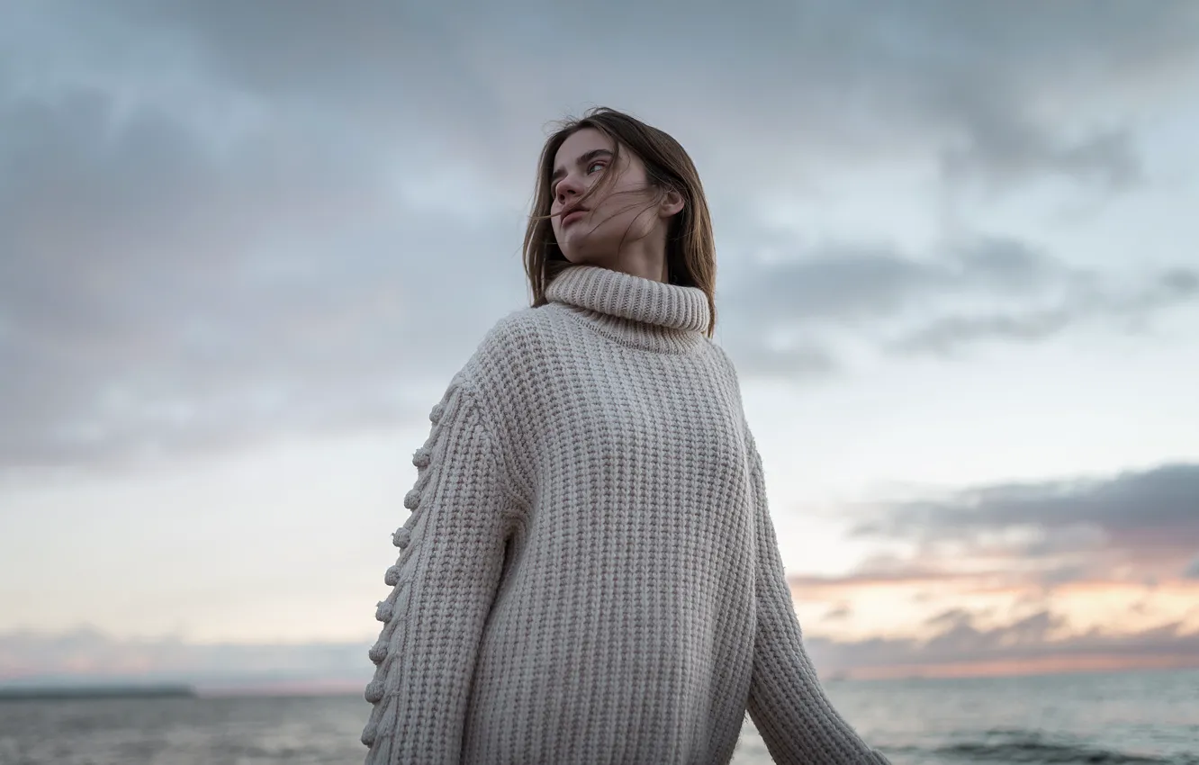 Photo wallpaper beach, the sky, girl, clouds, face, the wind, hair, portrait