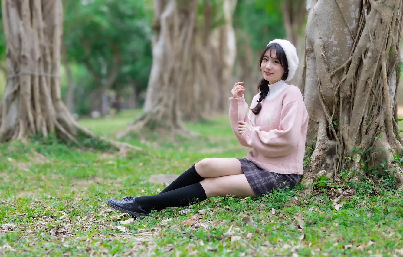 Photo wallpaper feet, skirt, braid, Asian, sitting, Golf, takes, sweater