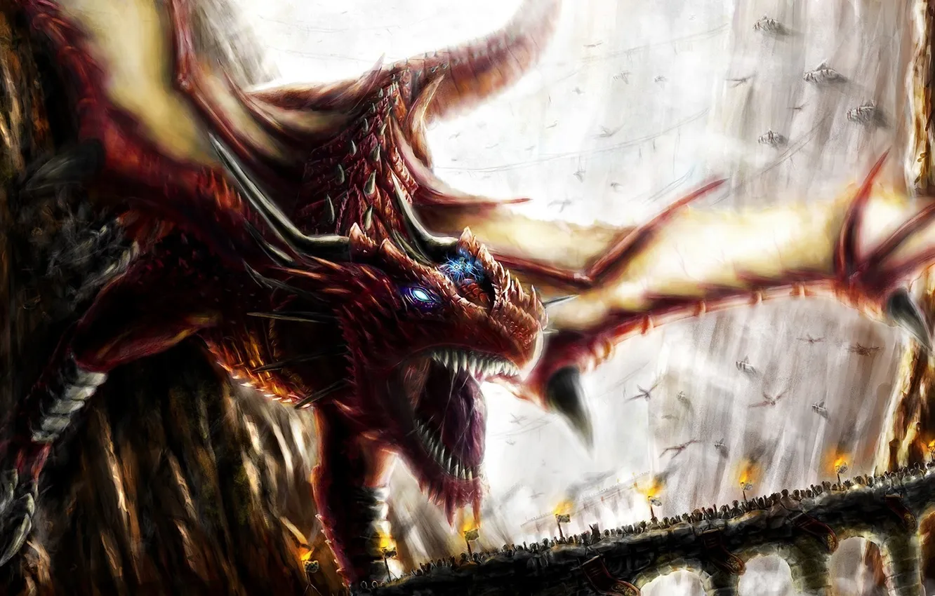 Photo wallpaper bridge, movement, rocks, lightning, dragon, army, art, rage