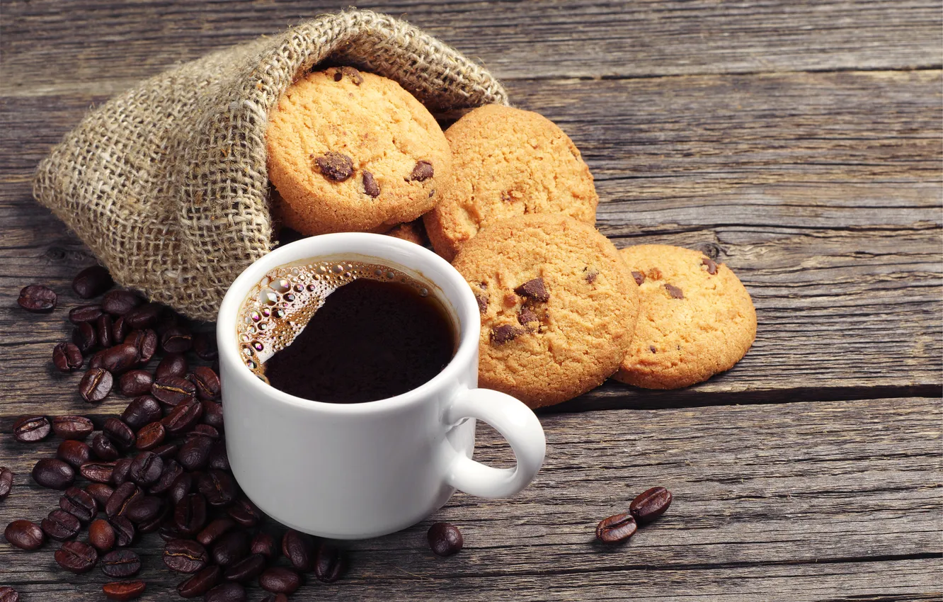 Photo wallpaper table, coffee, chocolate, mug, drink, coffee beans, oatmeal cookies