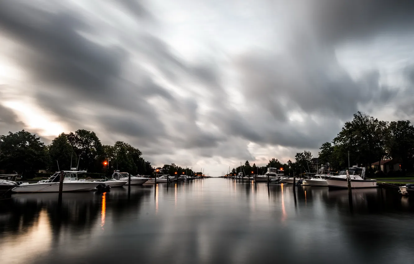 Photo wallpaper landscape, night, lake, boat