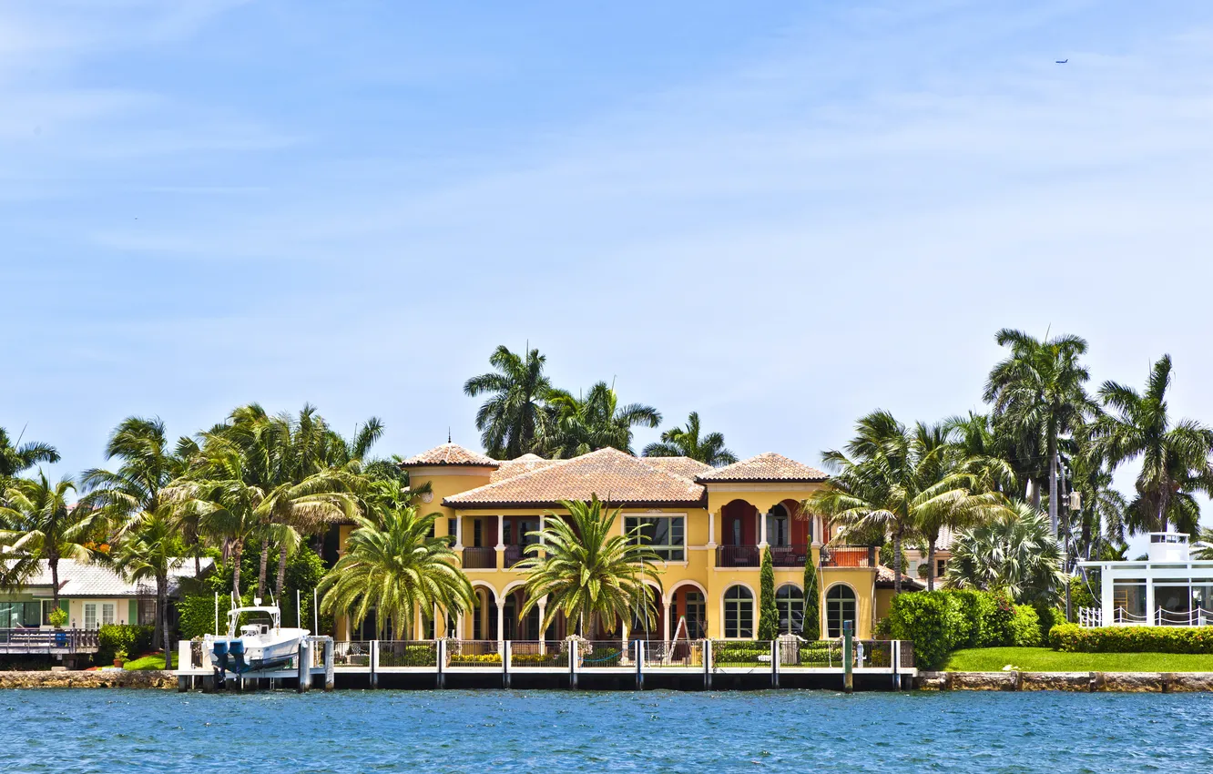 Photo wallpaper sea, the sky, palm trees, coast, pier, boat, USA, the plane