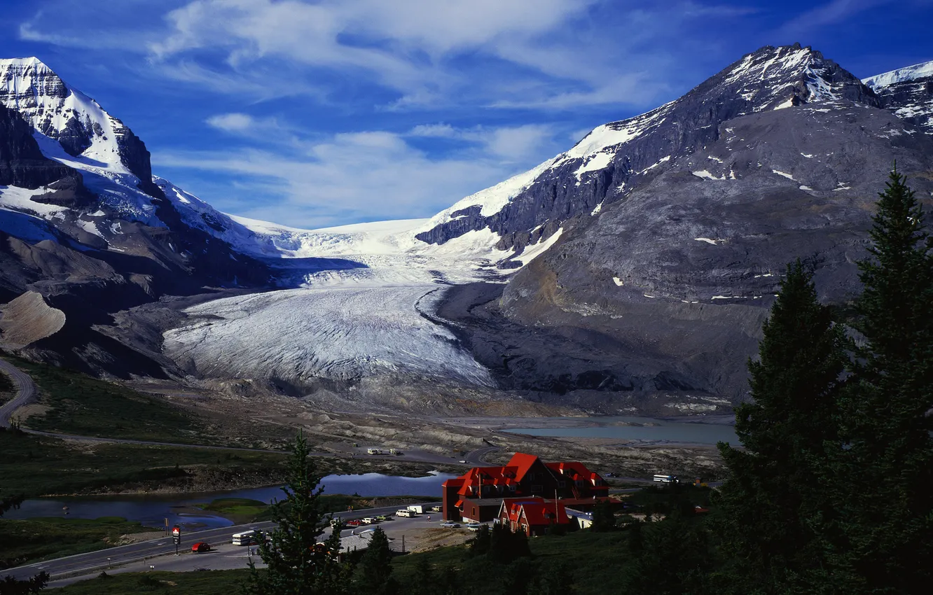Photo wallpaper landscape, nature, river, high mountain hotel