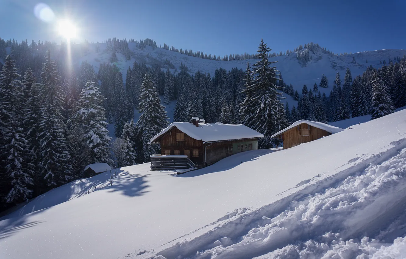 Photo wallpaper winter, snow, trees, mountains, Germany, Bayern, the snow, houses