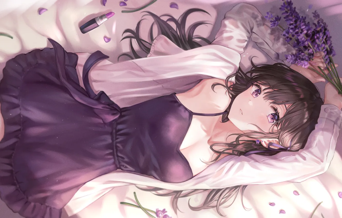 Photo wallpaper lipstick, girl, black dress, long hair, a bunch, lavender, white blouse, lying on her back