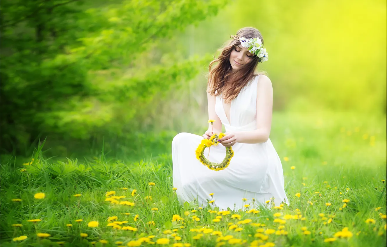 Photo wallpaper girl, flowers, the wind, brown hair, dandelions, wreath