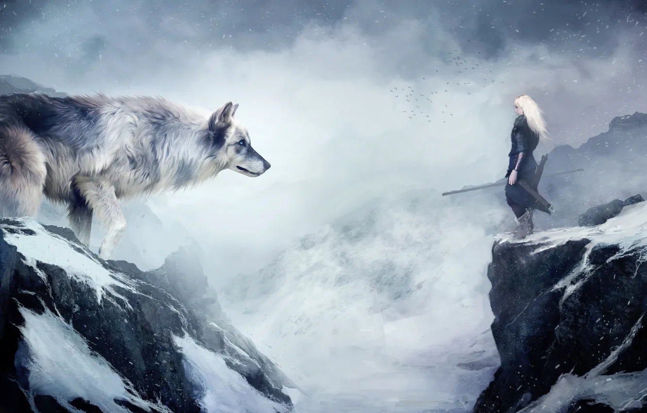 Photo wallpaper snow, mountains, wolf, Girl