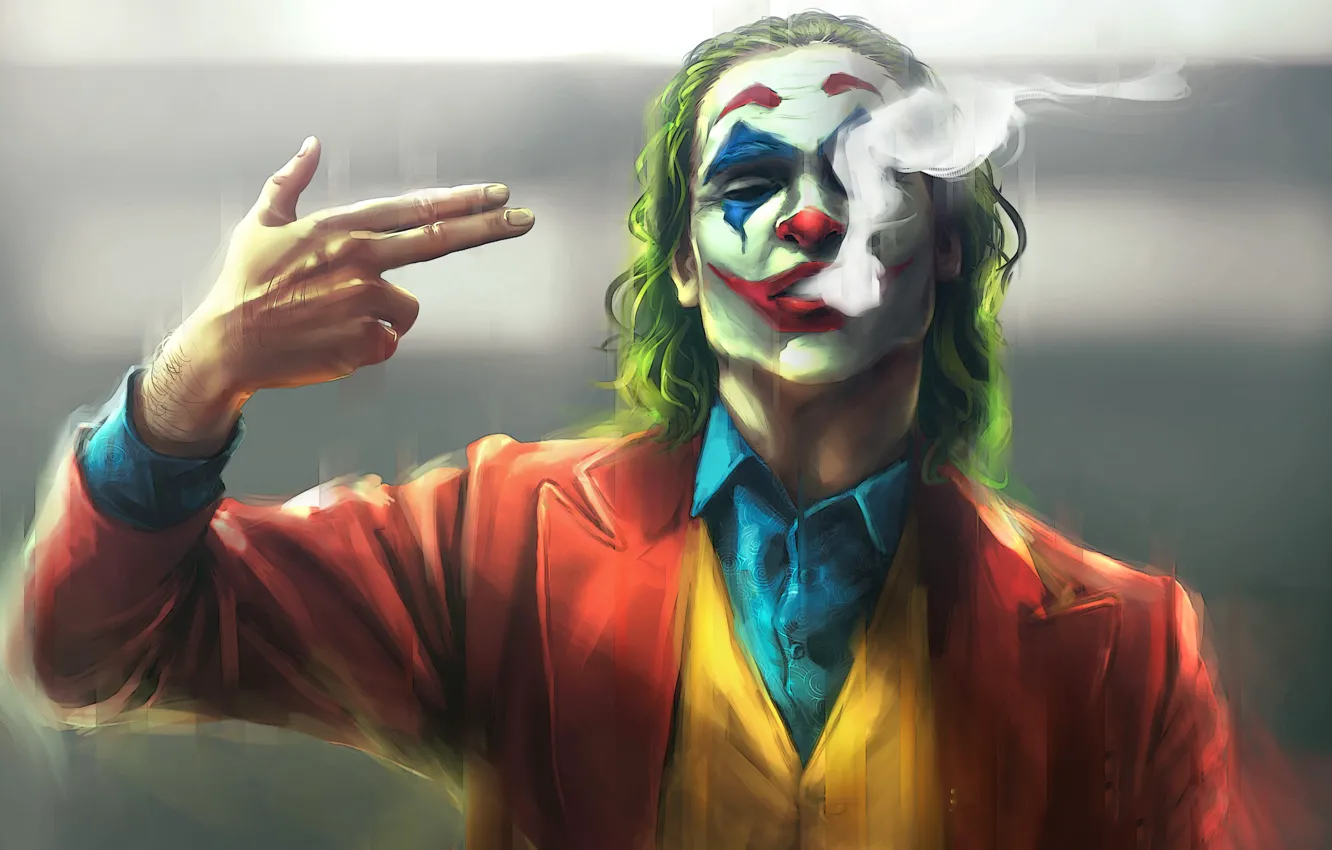Photo wallpaper smoke, Joker, gesture, comics, character, Joker, blurred background, makeup