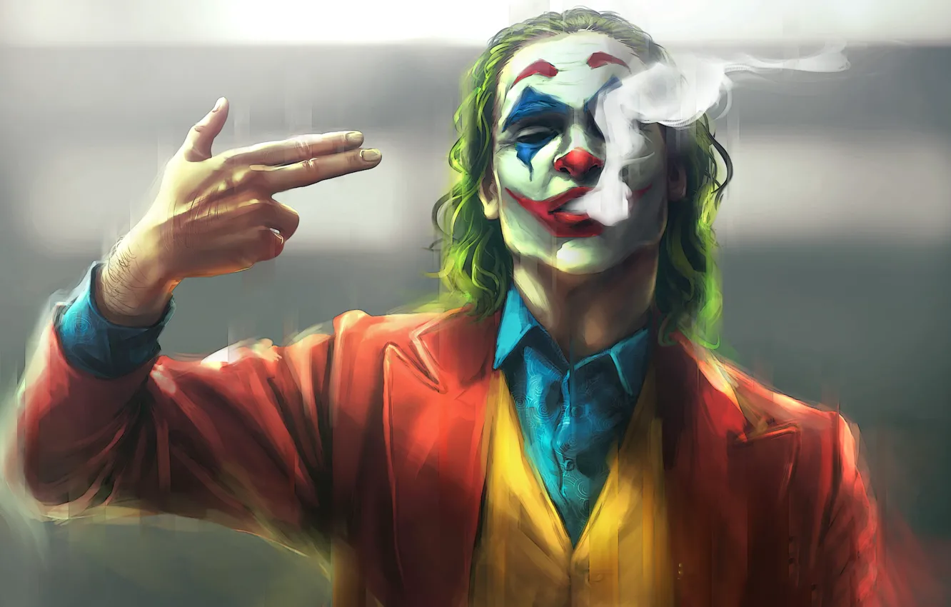Photo wallpaper Joker, smoke, gesture, characters, comic, Joker, blurred background, makeup