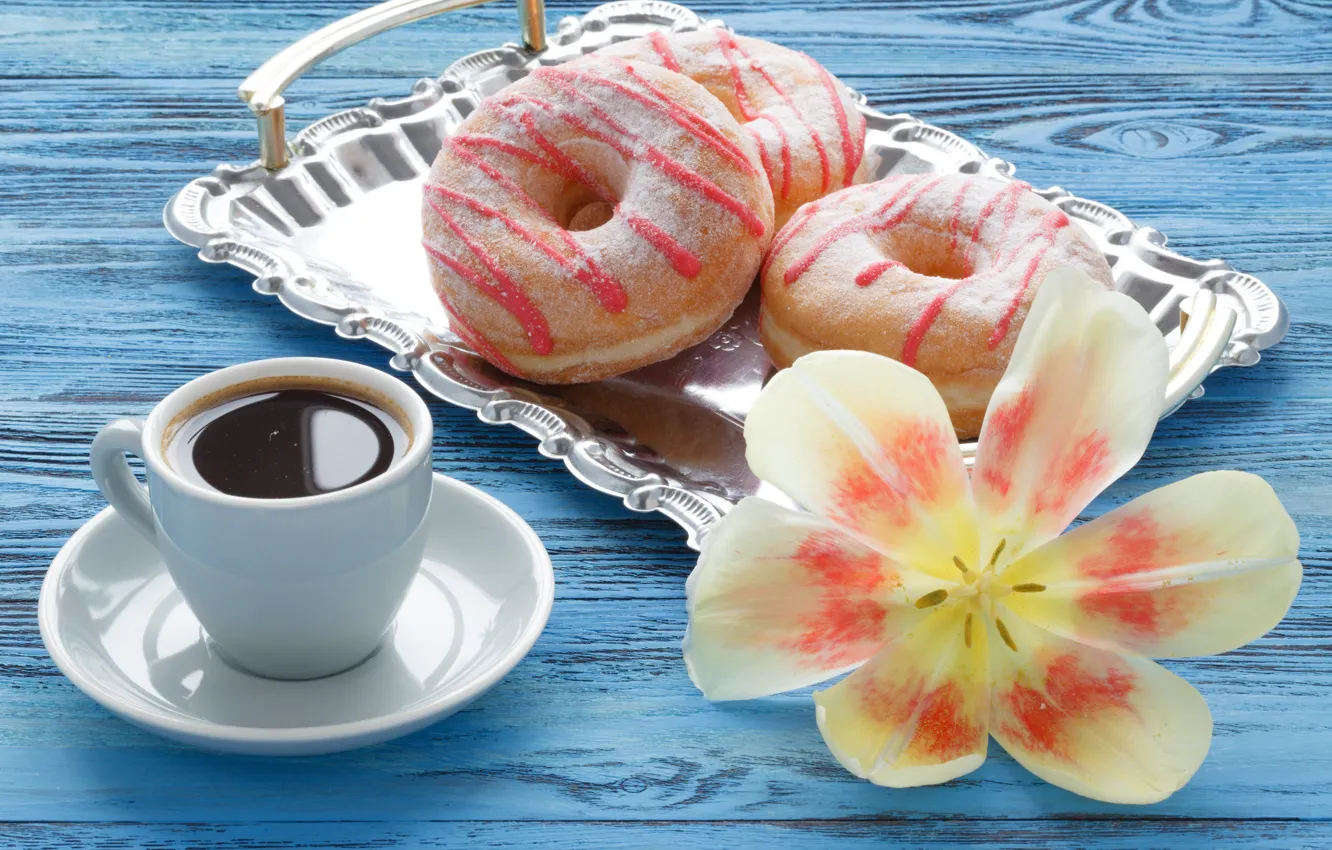 Photo wallpaper flower, Tulip, coffee, donuts