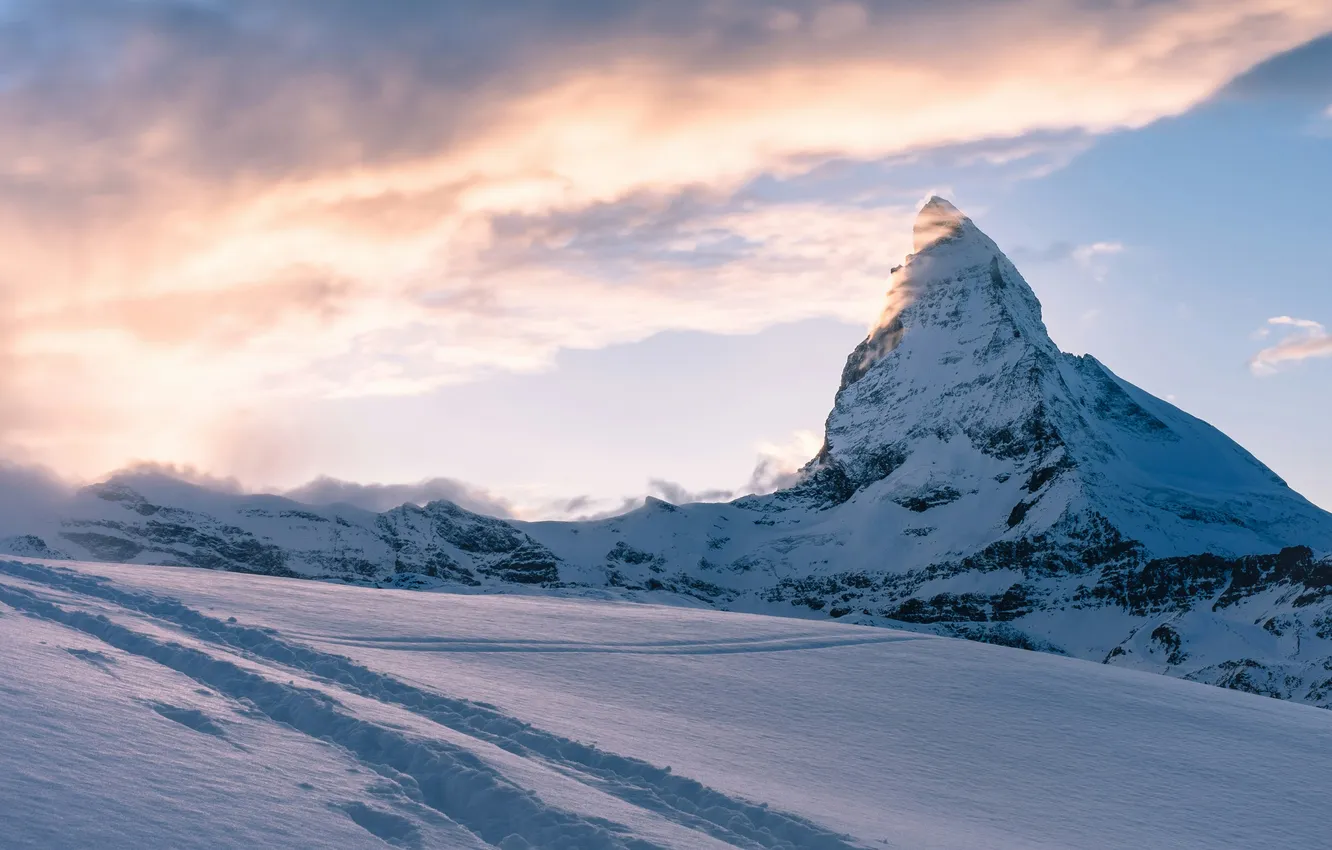 Photo wallpaper winter, the sky, clouds, snow, landscape, sunset, mountains, nature