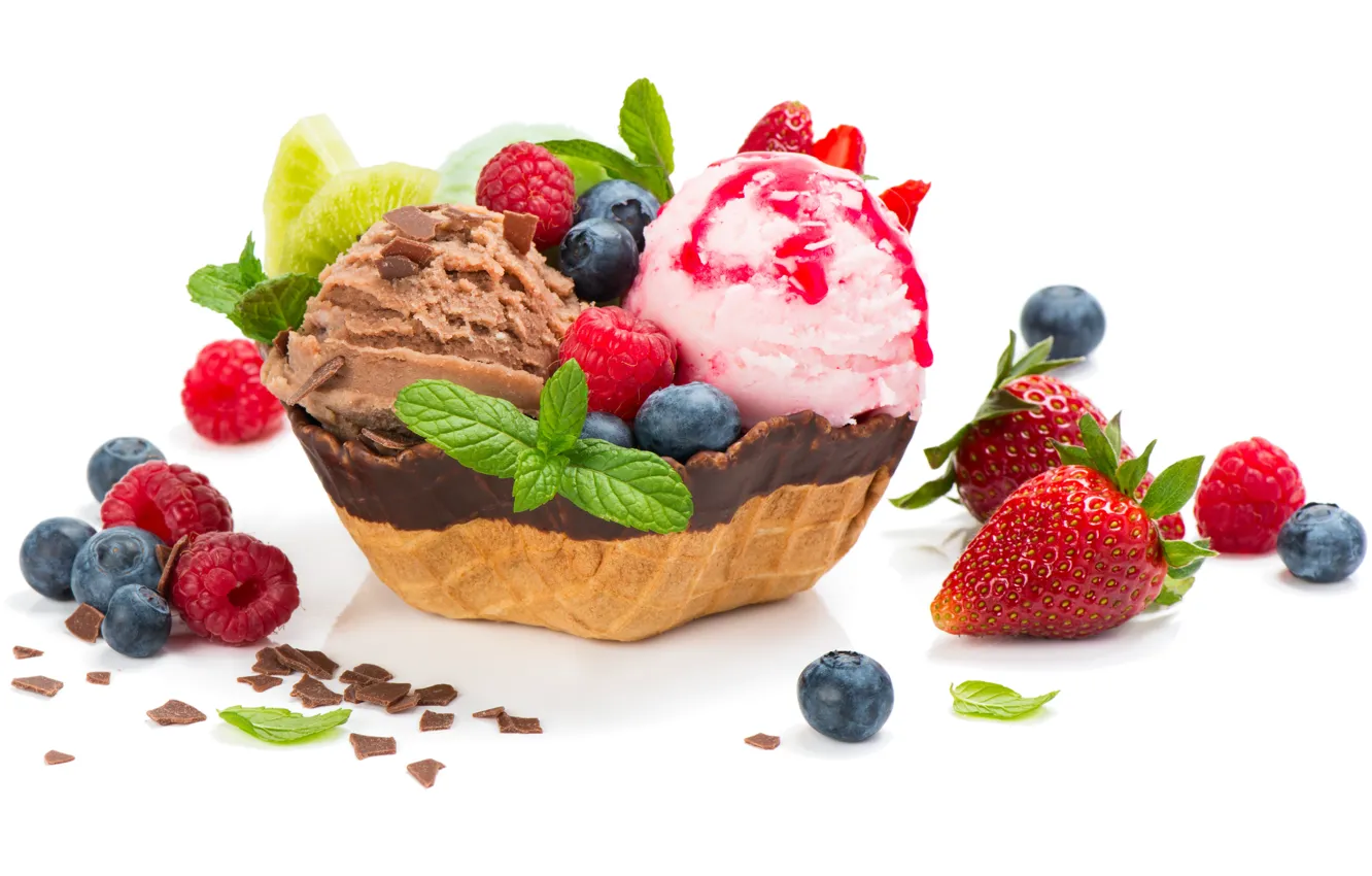 Photo wallpaper leaves, berries, raspberry, chocolate, blueberries, strawberry, ice cream, mint