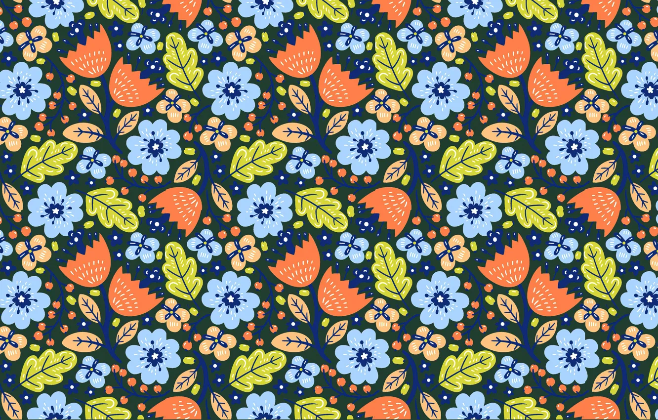 Photo wallpaper leaves, flowers, background, pattern, texture, blue, green, orange