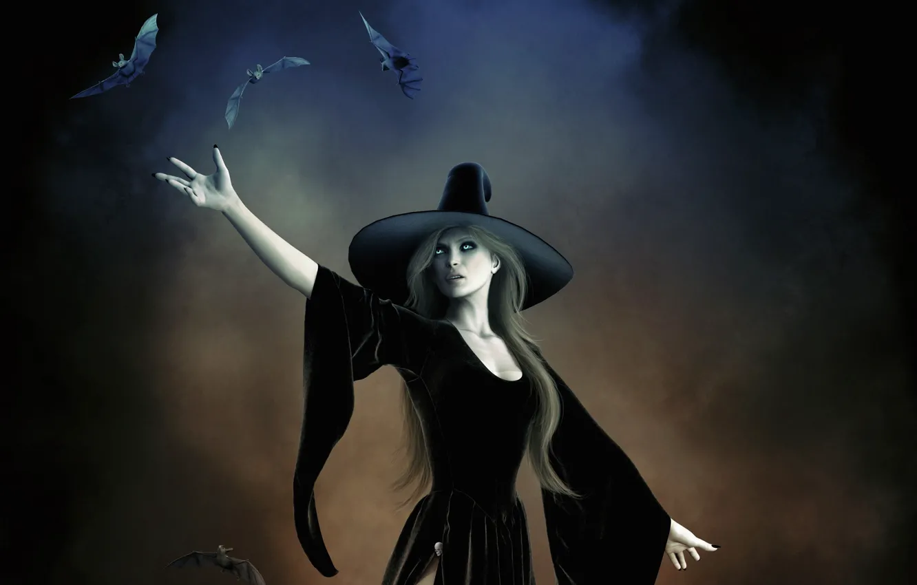 Photo wallpaper girl, magic, hat, witch, bats, witchcraft