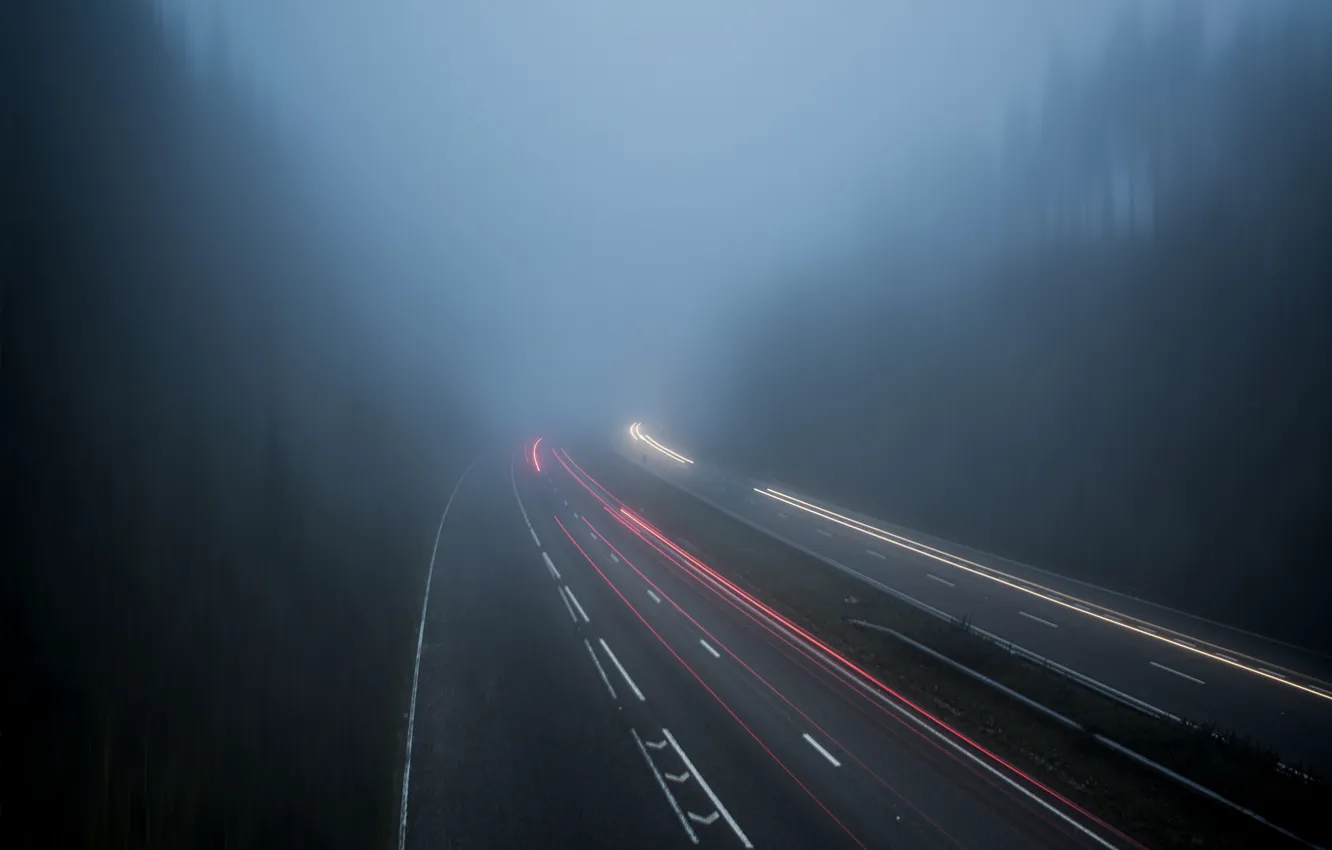 Photo wallpaper road, forest, trees, fog, England, excerpt, traffic, UK