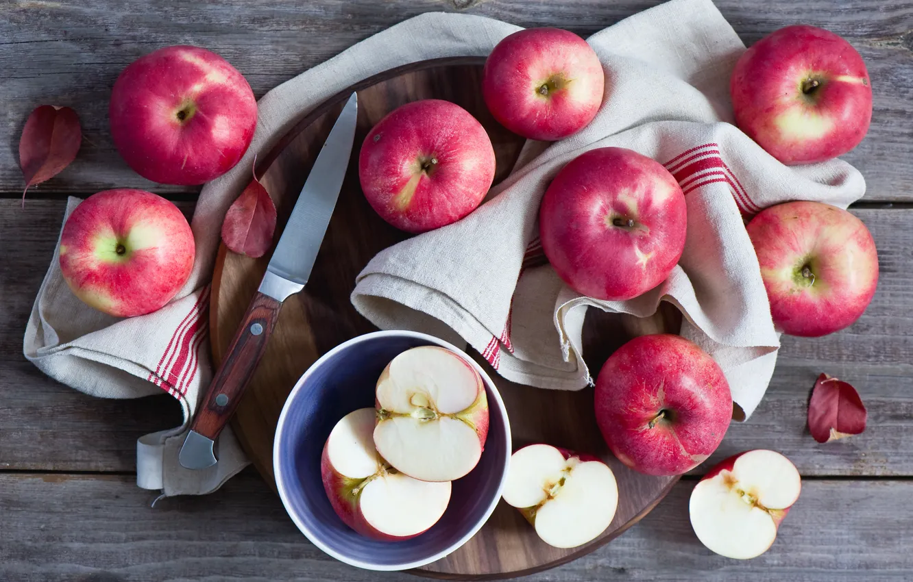 Photo wallpaper apples, knife, Board, fruit, napkin