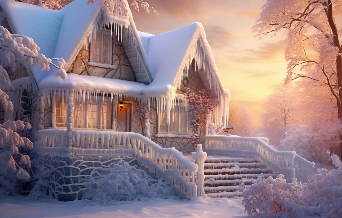 Photo wallpaper ice, winter, snow, icicles, frost, house, house, rustic