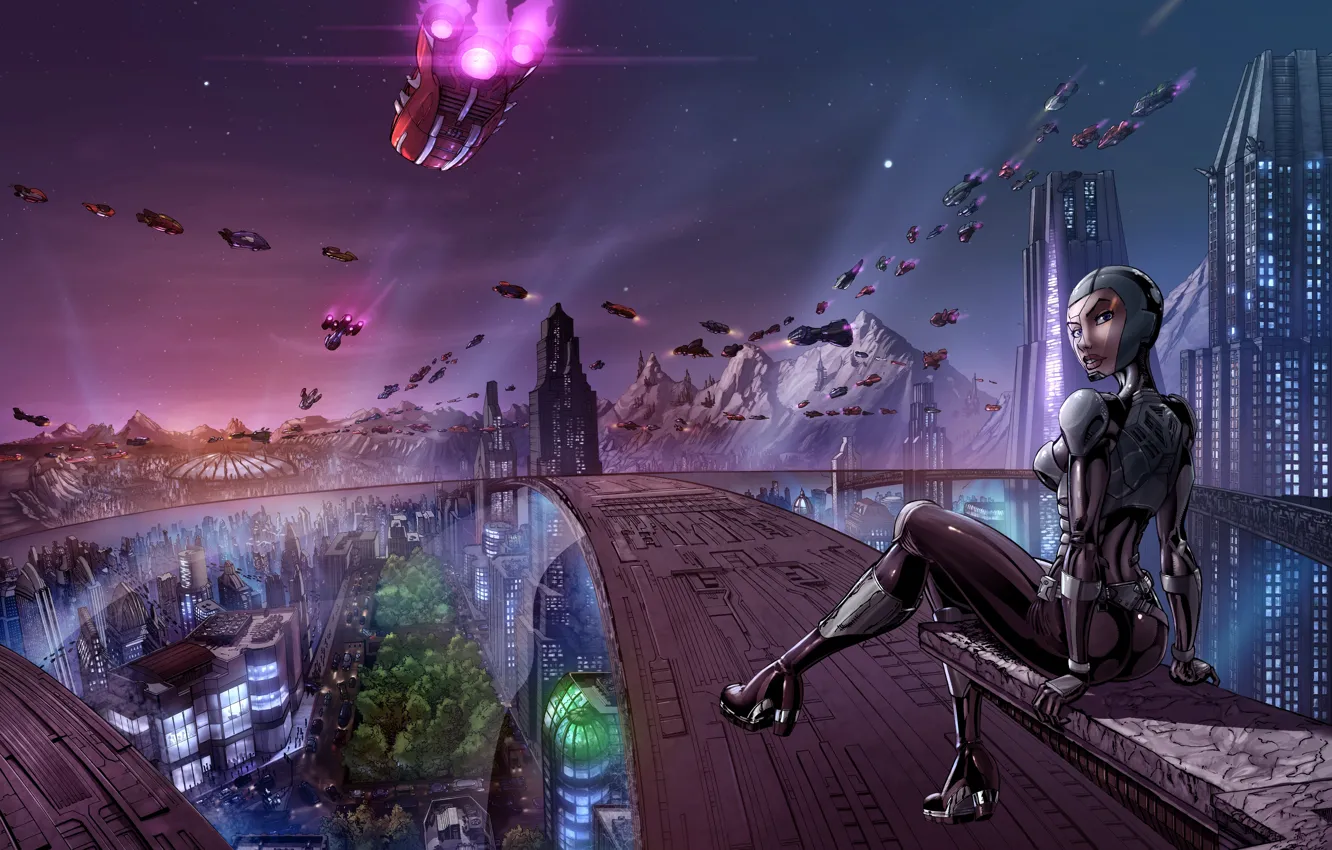 Photo wallpaper girl, the city, future, transport, ship, art, megapolis