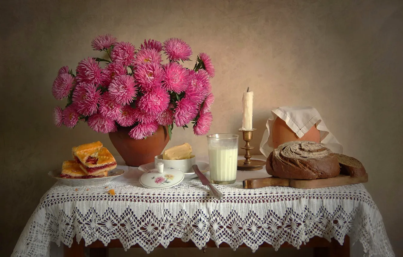 Photo wallpaper autumn, flowers, beauty, still life, postcard, asters, Still life with Flowers, Still life with asters