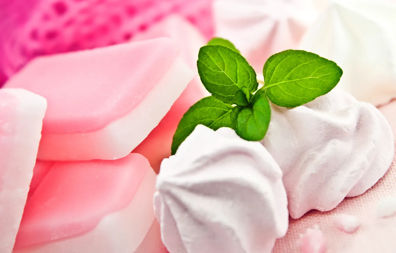 Photo wallpaper sweets, leaves, mint, dessert, sweet, meringue, meringue
