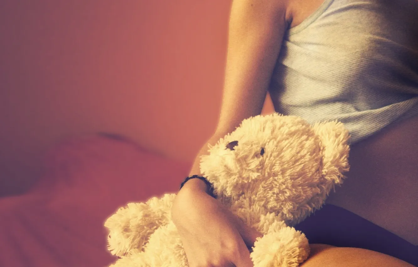 Photo wallpaper girl, tenderness, bear, plush