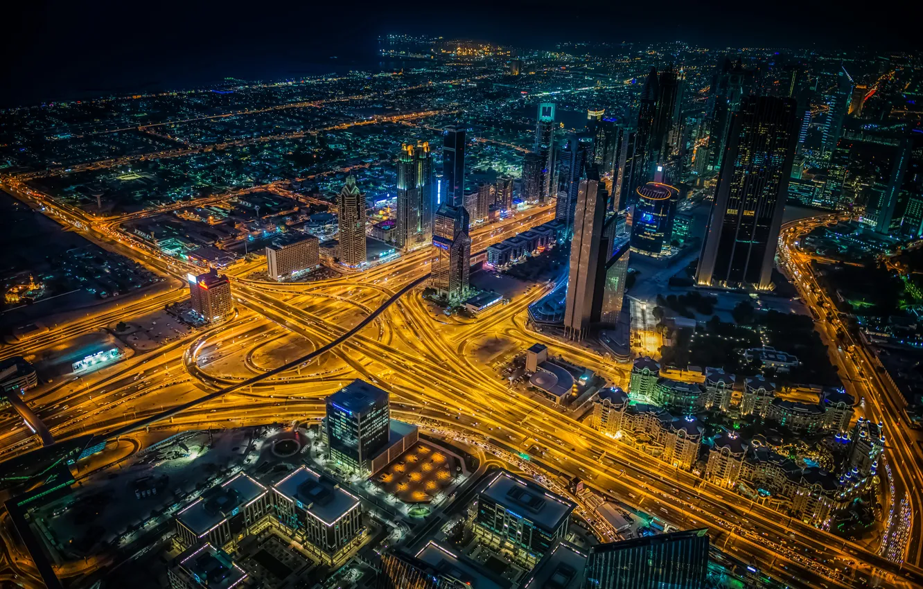 Photo wallpaper road, night, lights, home, skyscrapers, panorama, Dubai, megapolis
