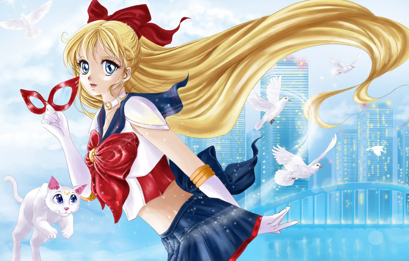 Photo wallpaper cat, look, anime, mask, costume, pigeons, sailor moon