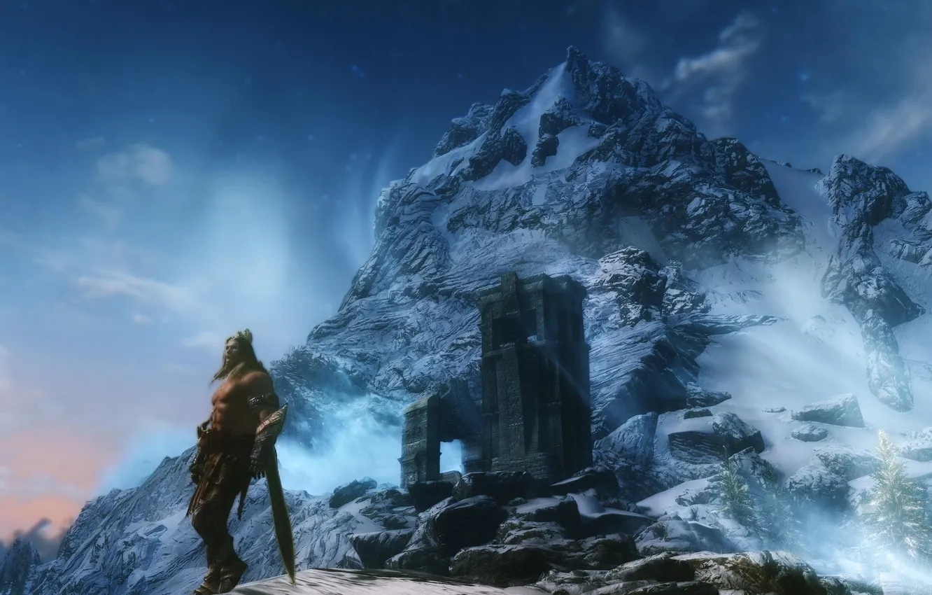 Photo wallpaper mountains, tower, warrior