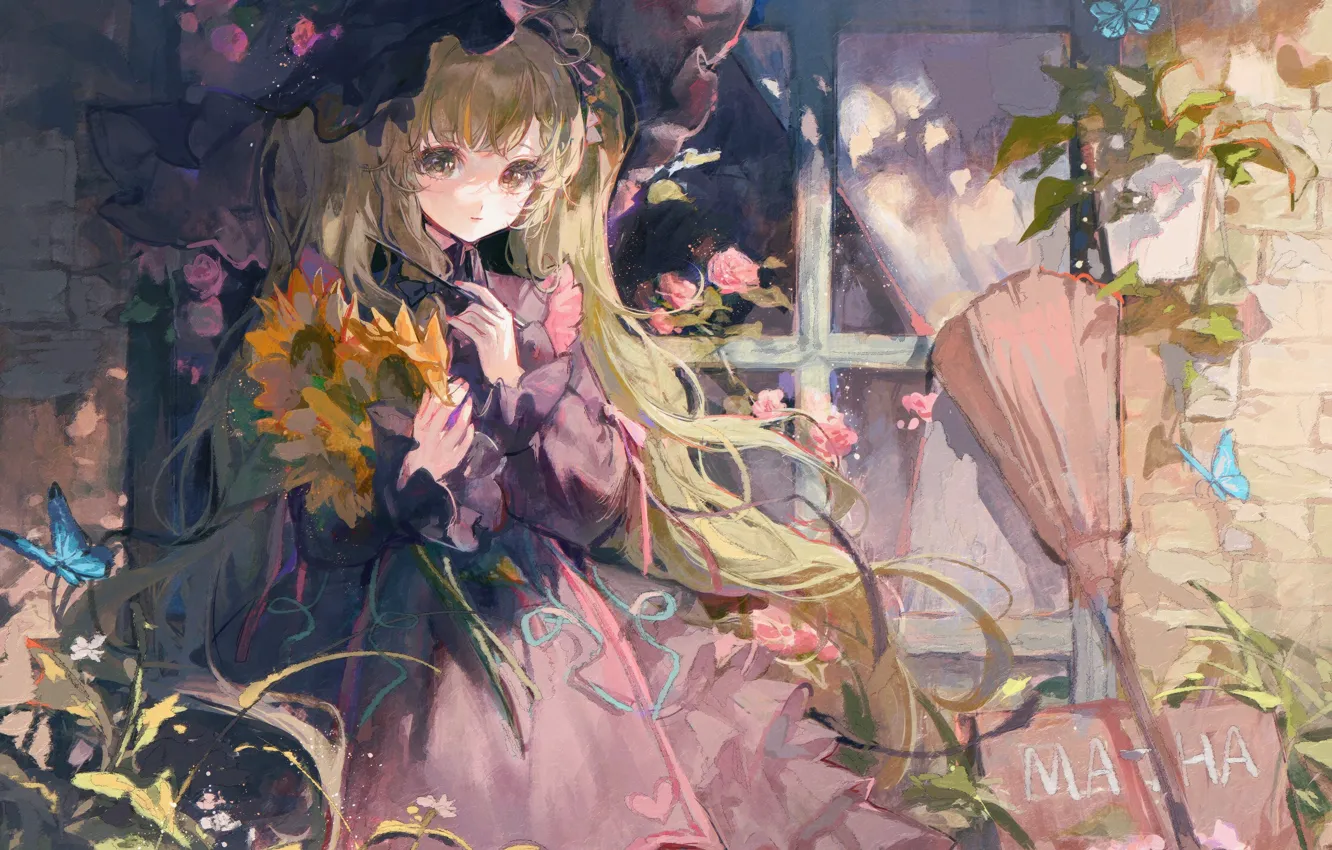 Photo wallpaper sunflowers, butterfly, girl, broom, window, big eyes, cute, pink dress
