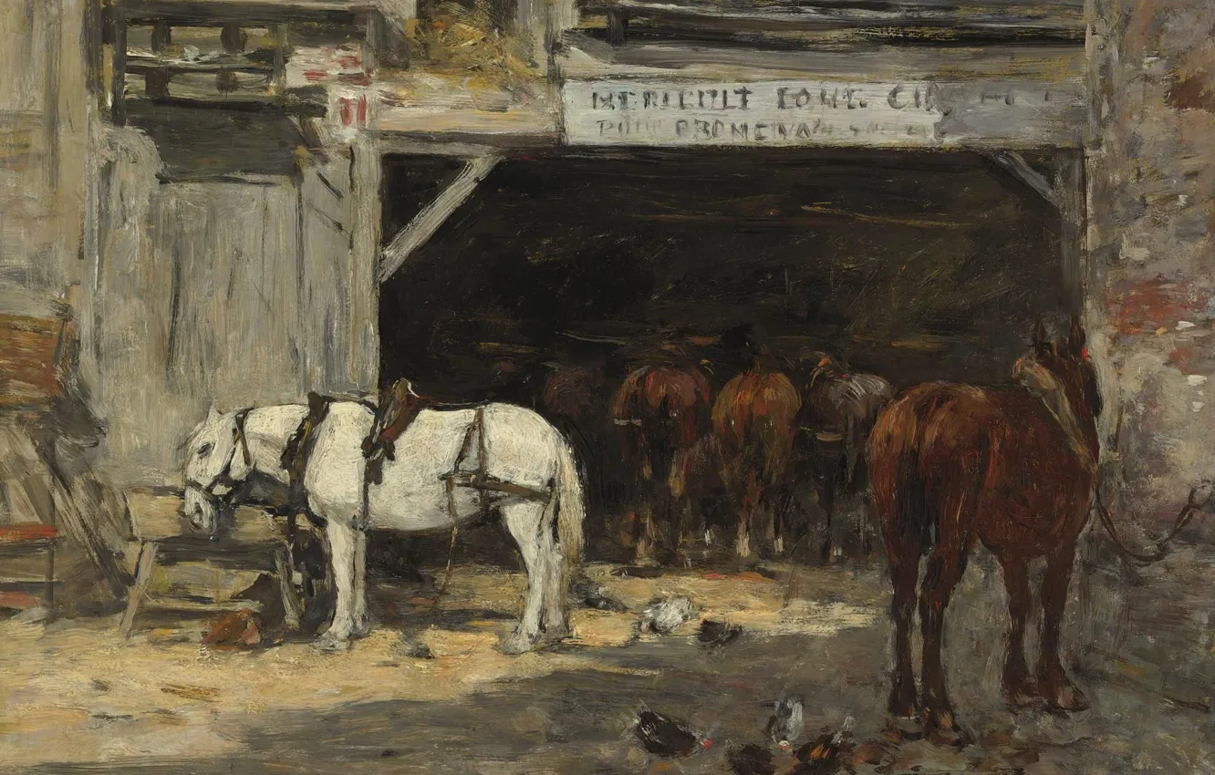 Photo wallpaper animal, picture, Eugene Boudin, Eugene Boudin, Stables with Horses