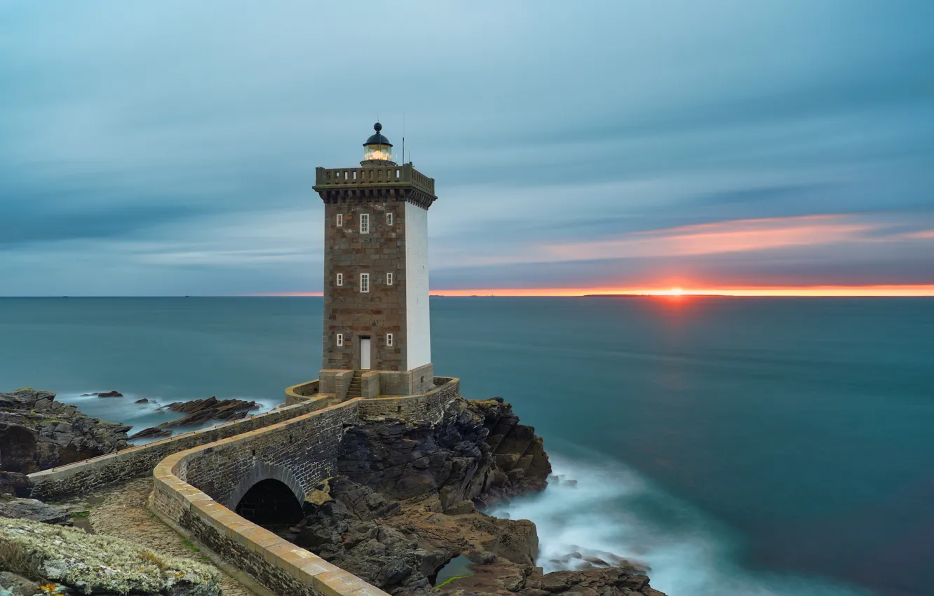 Photo wallpaper sea, landscape, sunset, stones, rocks, France, lighthouse, Cape