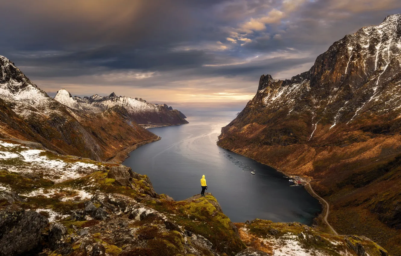 Photo wallpaper winter, clouds, snow, mountains, open, rocks, shore, boat