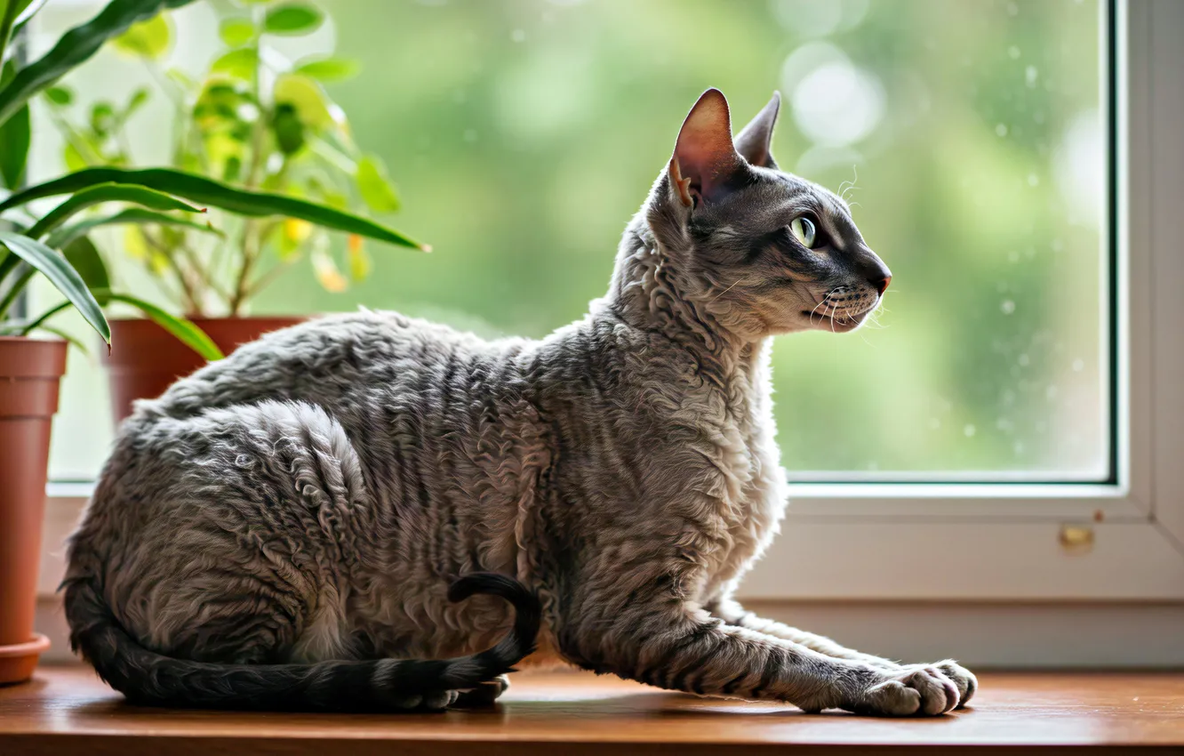 Photo wallpaper cat, cat, look, leaves, pose, grey, window, lies