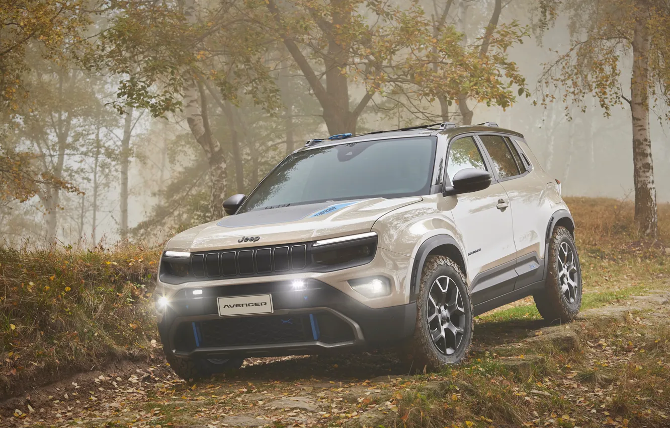 Photo wallpaper Fog, Trees, Jeep, 2023, Electric crossover, Electric crossover, Jeep Avenger 4x4 Concept, Jeep Avenger