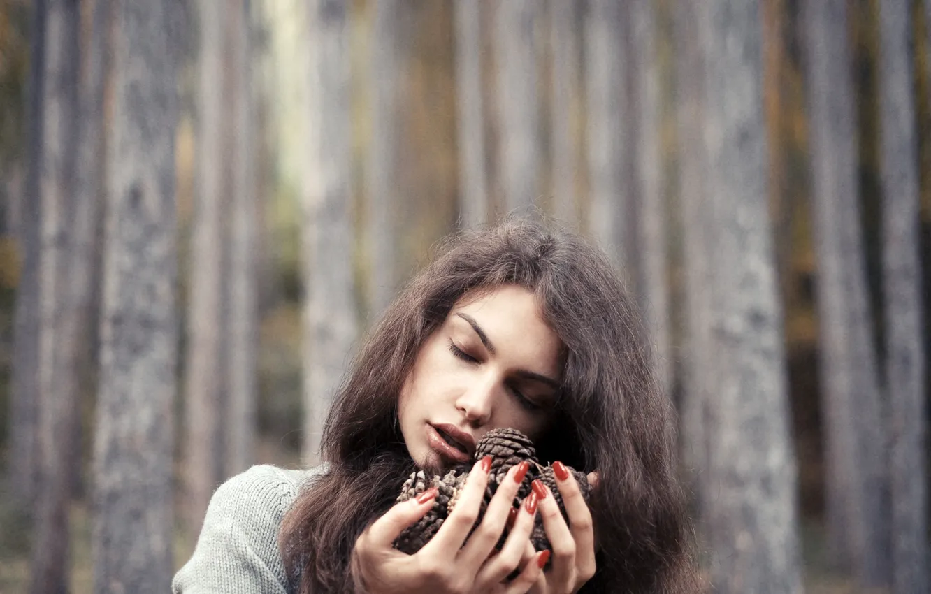 Photo wallpaper forest, trees, background, model, portrait, hands, makeup, hairstyle