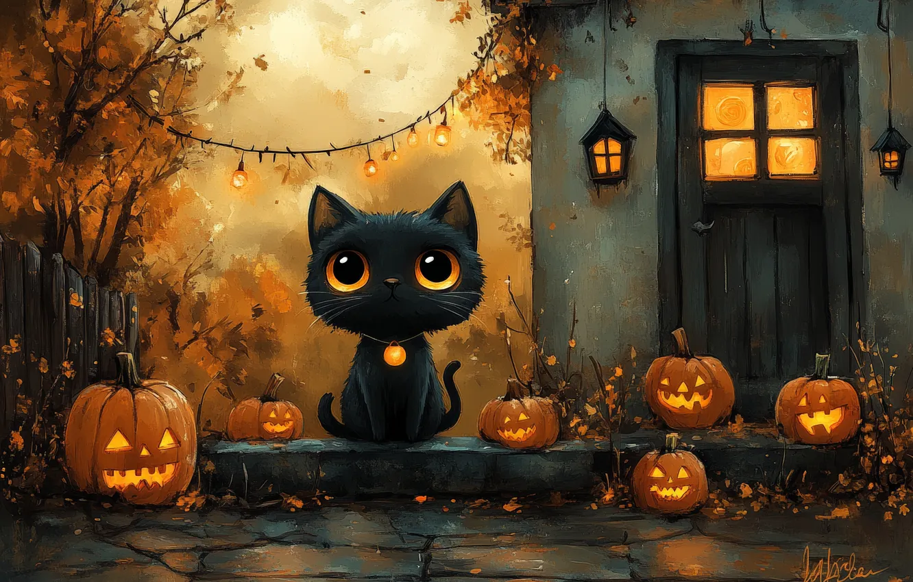 Photo wallpaper cat, eyes, cat, look, black, home, art, Halloween