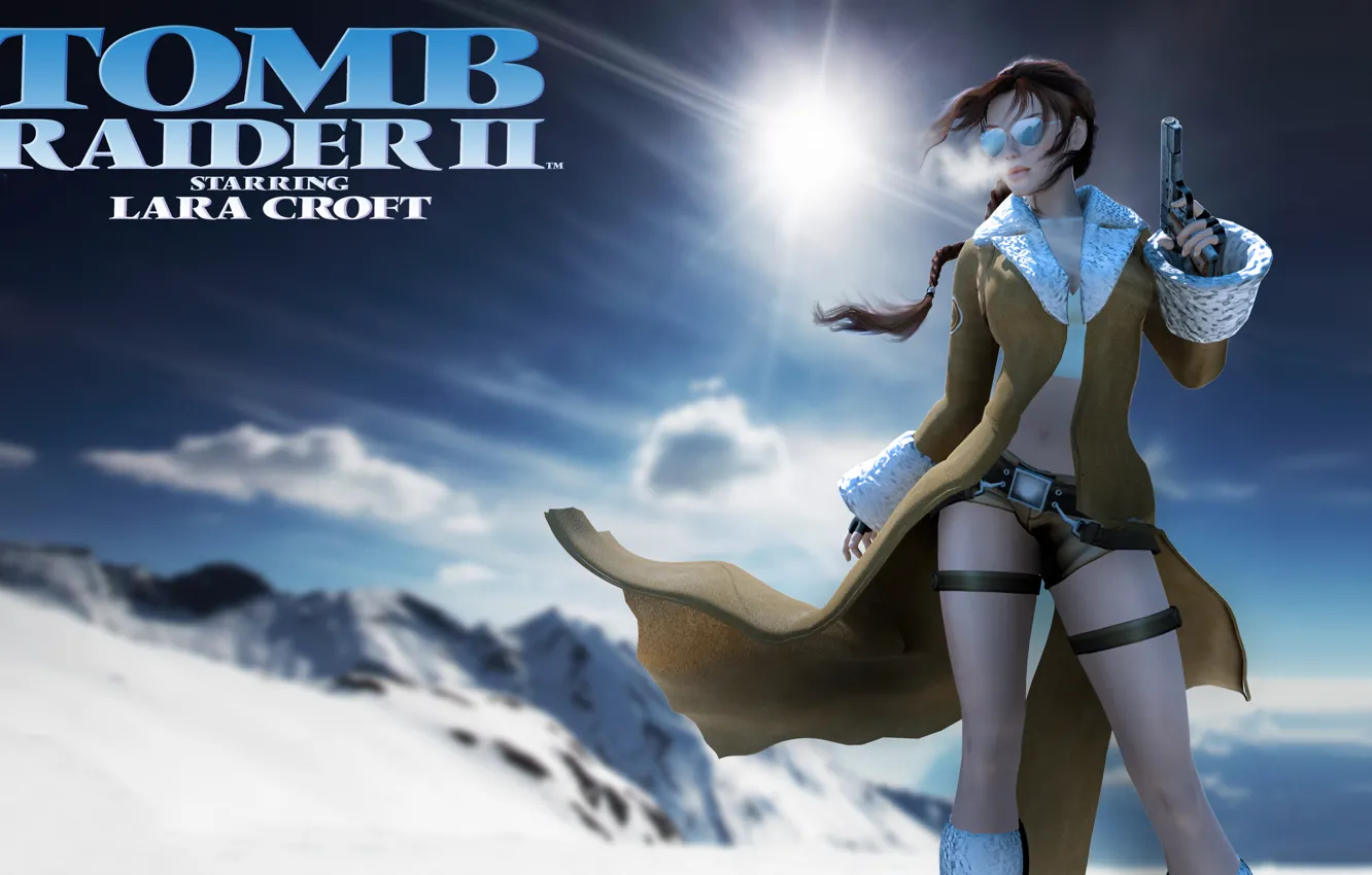 Photo wallpaper winter, snow, gun, glasses, Lara Croft, coat, Lara Croft, Tomb Raider II