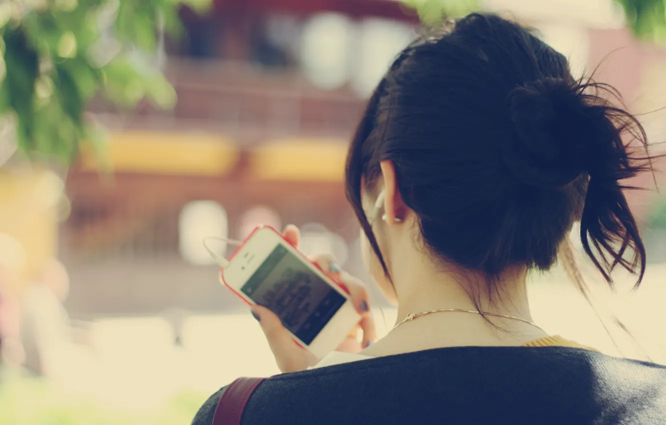 Photo wallpaper greens, leaves, girl, decoration, trees, music, background, mood