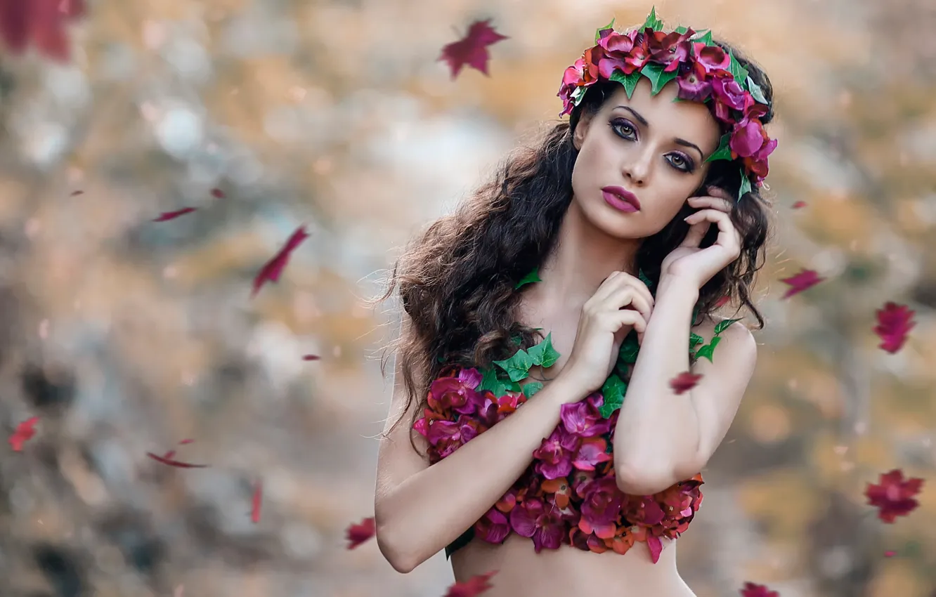 Photo wallpaper autumn, leaves, girl, wreath, Alessandro Di Cicco, Nature Desire