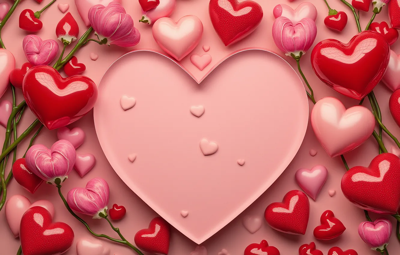 Photo wallpaper branches, holiday, heart, hearts, pink background, Valentine's day, AI art, neural network