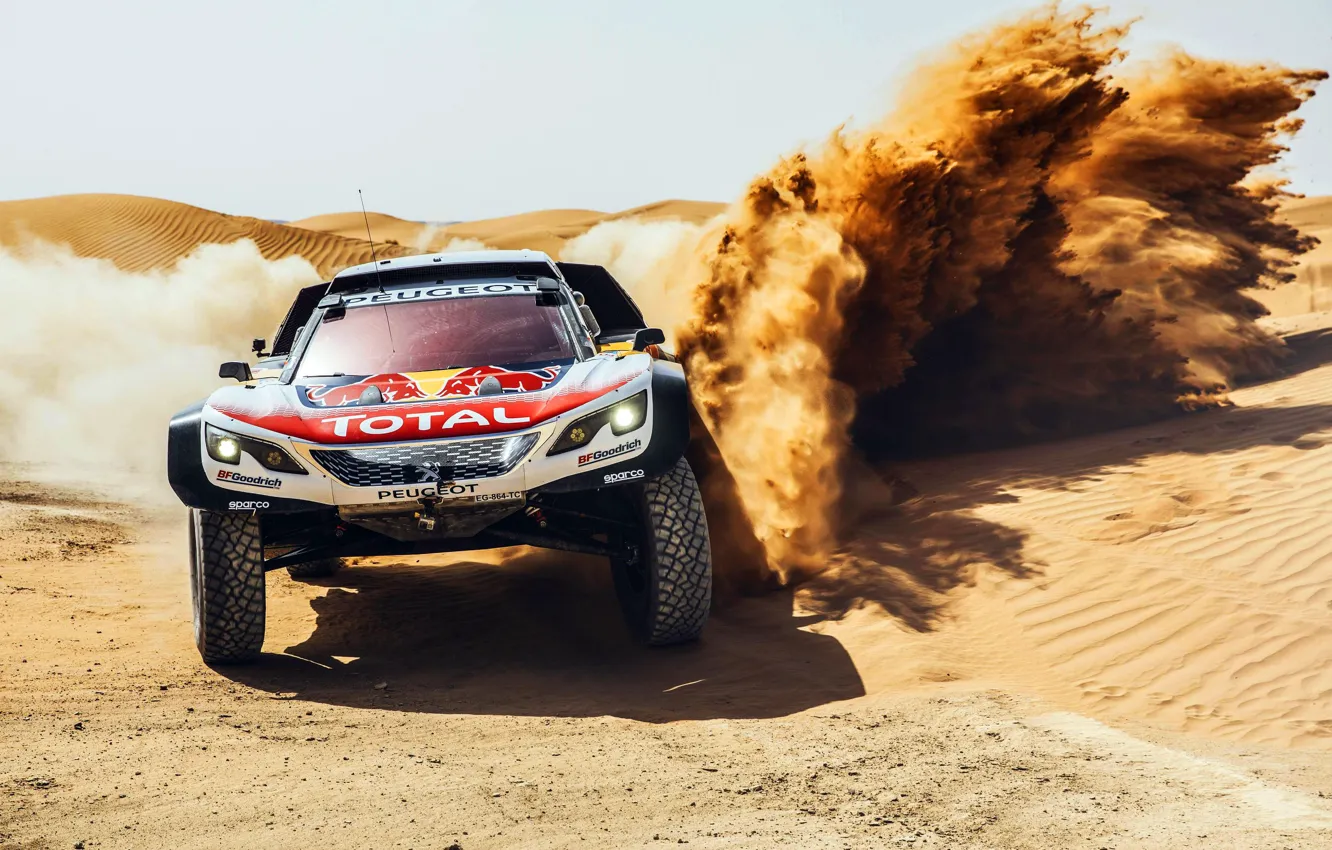 Photo wallpaper Sand, Sport, Speed, Race, Skid, Peugeot, Lights, Red Bull