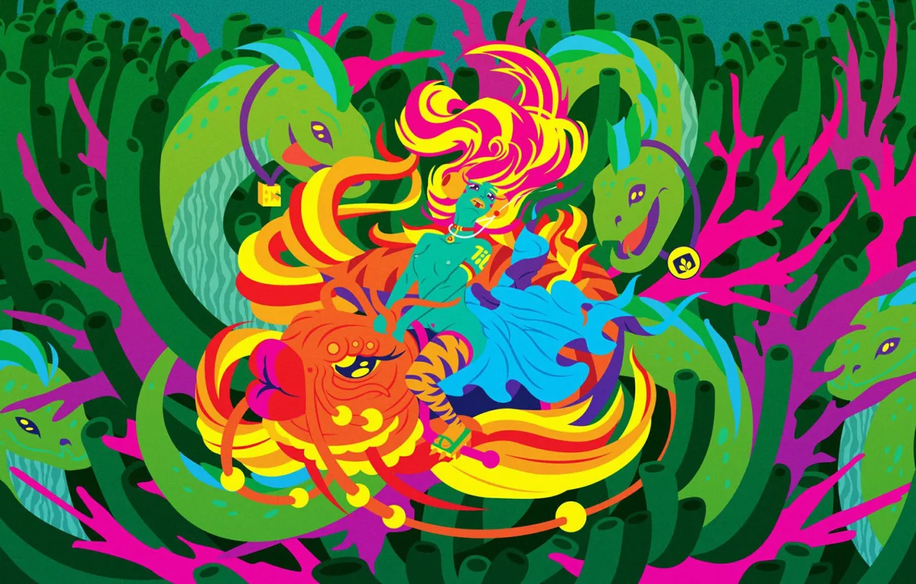 Photo wallpaper girl, algae, figure, snake, vector, fish