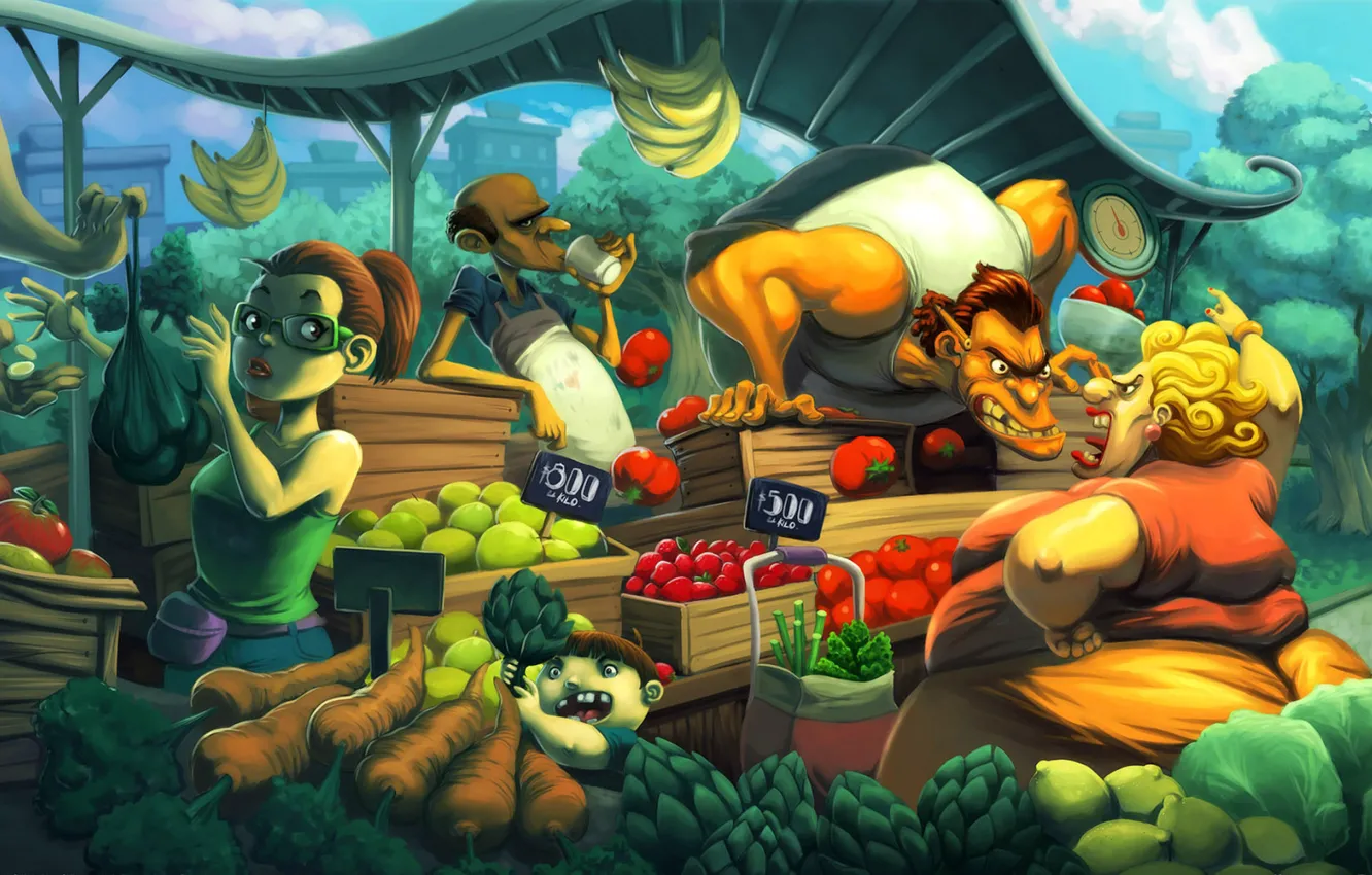 Photo wallpaper vegetables, picture, market, seller, Bazaar, character