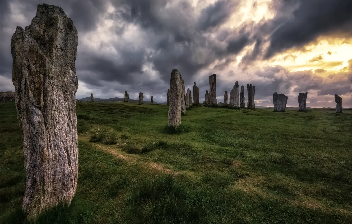 Photo wallpaper the sky, clouds, stones, Scotland, Calanais Standing Stones