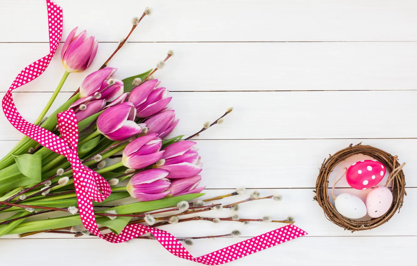 Photo wallpaper flowers, tape, tulips, wood, flowers, tulips, spring, Easter